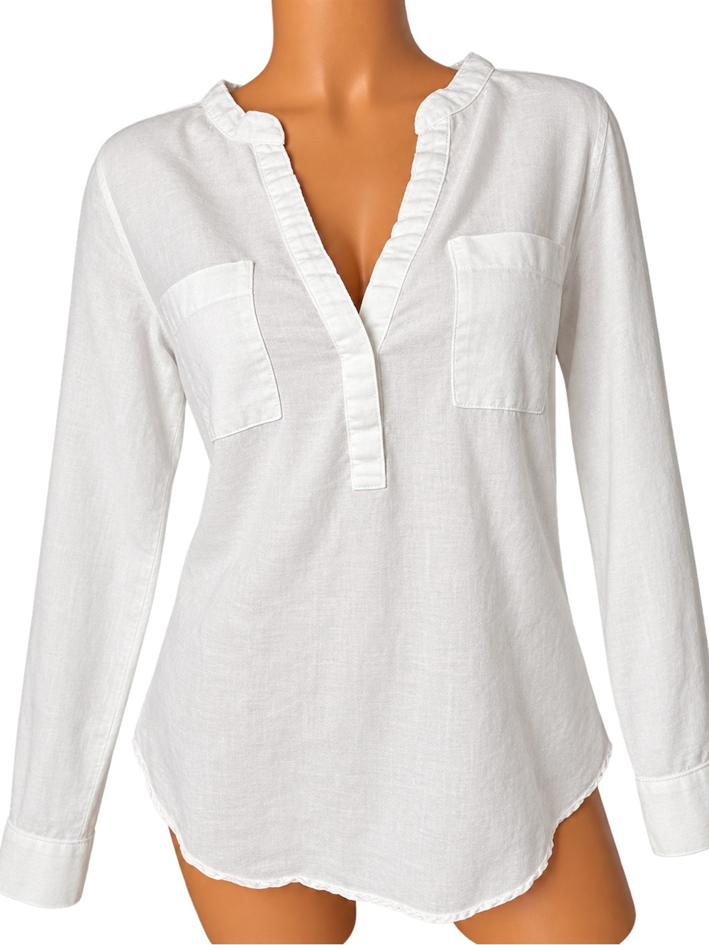 ANN TAYLOR White Popover Top M Tunic Blouse Linen Blend